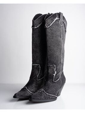 Zara Womens Boots Western Denim Rhinestone Embellished Gray Sz US 9 EU 40 NWT